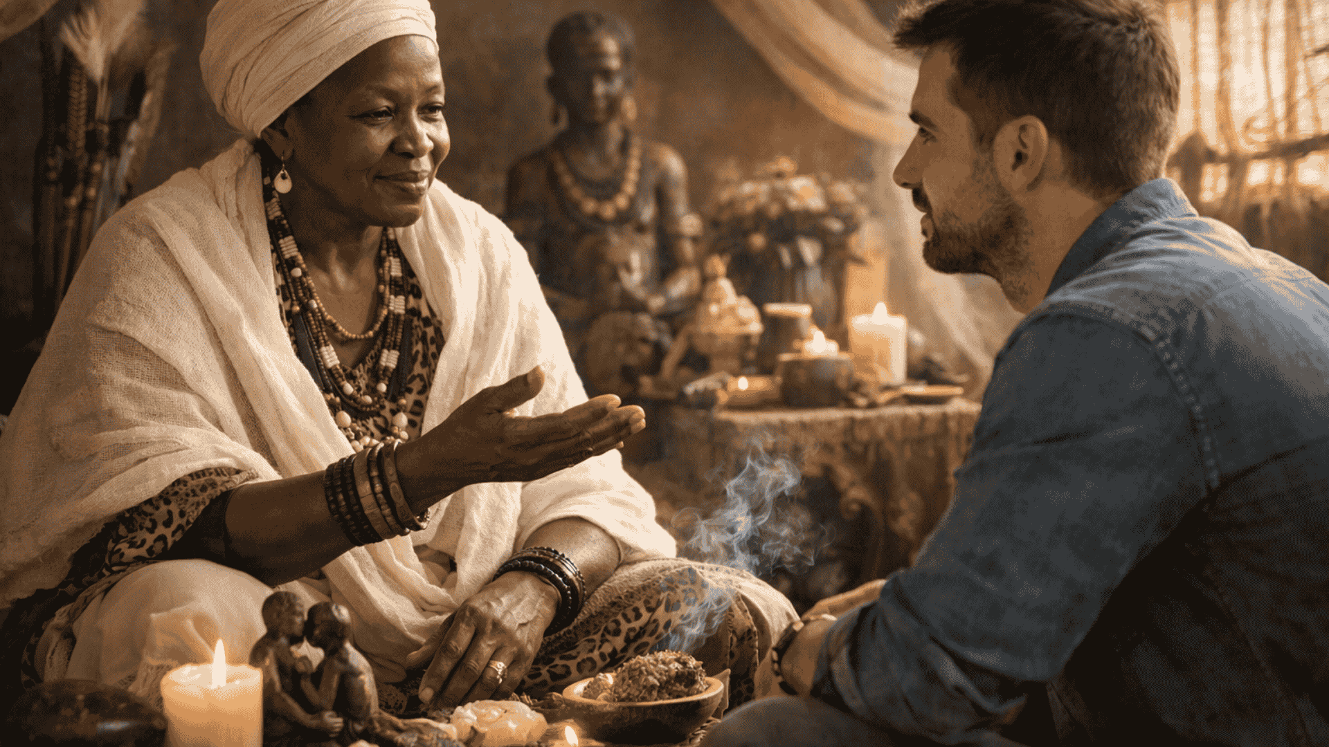 Mama Nubia African spiritual healer helping foreign client